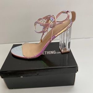 PRETTYLITTLETHING Snake Holo Heel Block Heel Sandal